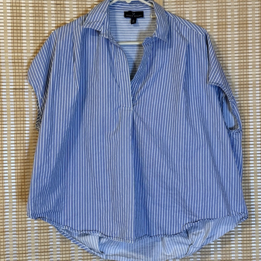 T.E by Tracy Evans L Top 100% Cotton Blue Striped Sleeveless Coastal Resort Boho